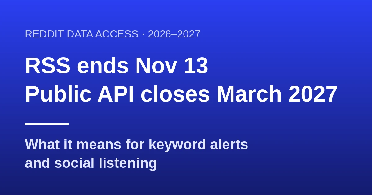 Blue cover reading: RSS ends Nov 13, public API closes March 2027, what it means for keyword alerts and social listening